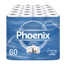 Phoenix Toilet Rolls – 60 Pack | 3 Ply Supreme Unscented Toilet Paper | Bulk Buy, Soft, Quilted, Sustainably Sourced, Eco- Friendly Luxury Bathroom