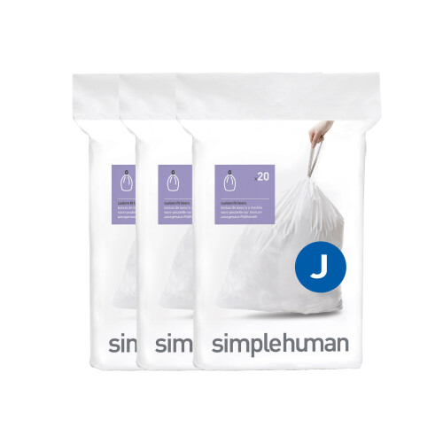 simplehuman CW0259 code J Custom Fit Bin Liner Bulk Pack, White Plastic (3 Pack of 20, Total 60 Liners) 1