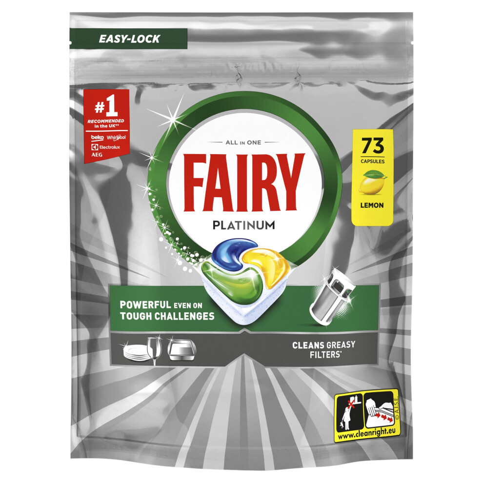 Fairy Platinum Dishwasher Tablets, Lemon, 73 Capsules, Tackles Tough Challenges, Greasy Filter