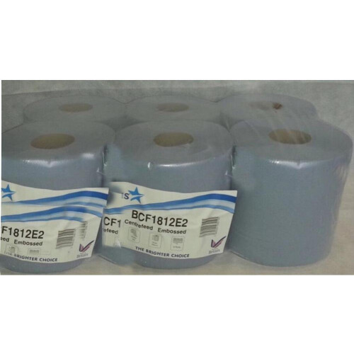 6 Rolls Blue Centrefeed Embossed 2ply Wiper Paper Towel