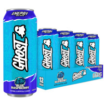 GHOST Sugar-Free Energy Drink - 12-Pack, Blue Raspberry, 500ml Cans - No Artificial Colours - 160mg Natural Caffeine, L-Carnitine & Taurine - Gluten-