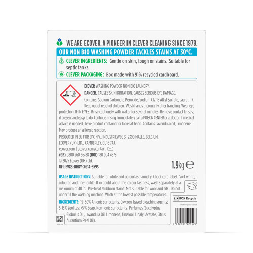 Ecover Ecover Non-Bio Laundry Detergent Powder, Laundry Washing Detergent, Fresh Lavend 1