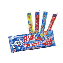Slush Puppie The Original Squeezee Freeze Pops Ice Lolly Poles - 10 x 60mls - Red Cherry, Lemon &Lime, Strawberry and Blue Raspberry - Suitable For V