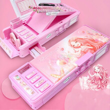 (Password-F863 Pink) 6-Hole Pencil Storage Box with Double-Sided Design for Teenagers Girls and Kids