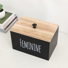 Lidded Wooden Women'S Storage Box, 3-Section Partitioned Sanitary Pad Organizer, Black Printed Wooden Storage Box,