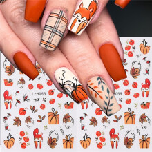 Autocollants pour Nail Art, 2 pièces, feuilles d'érable d'automne, feuilles tombées, dessin animé renard, lignes de