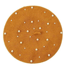 (Ginger Yellow) Elegant Wool Pearls Beads Berets For Women Warm Winter Hats Skullies Beanies Vintage Cashmere Female Flat Hats Solid Caps