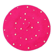 (Rose Red) Elegant Wool Pearls Beads Berets For Women Warm Winter Hats Skullies Beanies Vintage Cashmere Female Flat Hats Solid Caps