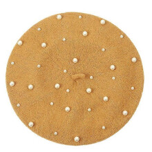 (Camel) Elegant Wool Pearls Beads Berets For Women Warm Winter Hats Skullies Beanies Vintage Cashmere Female Flat Hats Solid Caps