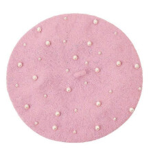 (Skin Pink) Elegant Wool Pearls Beads Berets For Women Warm Winter Hats Skullies Beanies Vintage Cashmere Female Flat Hats Solid Caps