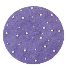 (Light Purple) Elegant Wool Pearls Beads Berets For Women Warm Winter Hats Skullies Beanies Vintage Cashmere Female Flat Hats Solid Caps