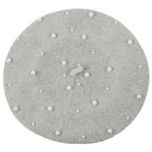 (Light Grey) Elegant Wool Pearls Beads Berets For Women Warm Winter Hats Skullies Beanies Vintage Cashmere Female Flat Hats Solid Caps