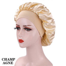 (Kuan Champagne) New Large Satin Bonnet Silk Night Sleeping Cap Long Satin Bonnet With Head Tie Band Bonnet Edge Wrap For Women Curly Braid Hair