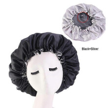 (Shuangceng Black) New Large Satin Bonnet Silk Night Sleeping Cap Long Satin Bonnet With Head Tie Band Bonnet Edge Wrap For Women Curly Braid Hair