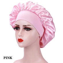 (Kuan Pink) New Large Satin Bonnet Silk Night Sleeping Cap Long Satin Bonnet With Head Tie Band Bonnet Edge Wrap For Women Curly Braid Hair