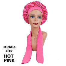 (MiddleHOTPINK) New Large Satin Bonnet Silk Night Sleeping Cap Long Satin Bonnet With Head Tie Band Bonnet Edge Wrap For Women Curly Braid Hair