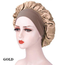 (Kuan Gold) New Large Satin Bonnet Silk Night Sleeping Cap Long Satin Bonnet With Head Tie Band Bonnet Edge Wrap For Women Curly Braid Hair