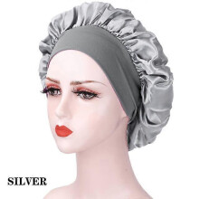 (Kuan Silver) New Large Satin Bonnet Silk Night Sleeping Cap Long Satin Bonnet With Head Tie Band Bonnet Edge Wrap For Women Curly Braid Hair