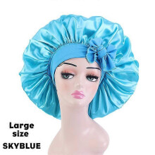 (Largeskyblue) New Large Satin Bonnet Silk Night Sleeping Cap Long Satin Bonnet With Head Tie Band Bonnet Edge Wrap For Women Curly Braid Hair