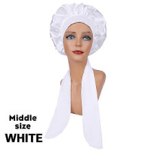 (MiddleWHITE) New Large Satin Bonnet Silk Night Sleeping Cap Long Satin Bonnet With Head Tie Band Bonnet Edge Wrap For Women Curly Braid Hair