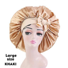 (Largekhaki) New Large Satin Bonnet Silk Night Sleeping Cap Long Satin Bonnet With Head Tie Band Bonnet Edge Wrap For Women Curly Braid Hair