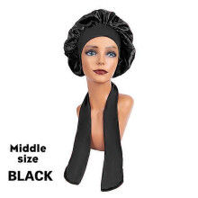 (MiddleBLACK) New Large Satin Bonnet Silk Night Sleeping Cap Long Satin Bonnet With Head Tie Band Bonnet Edge Wrap For Women Curly Braid Hair