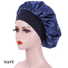 (Kuan Navy) New Large Satin Bonnet Silk Night Sleeping Cap Long Satin Bonnet With Head Tie Band Bonnet Edge Wrap For Women Curly Braid Hair