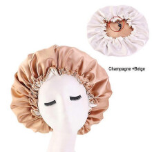 (Shuangceng Champagne) New Large Satin Bonnet Silk Night Sleeping Cap Long Satin Bonnet With Head Tie Band Bonnet Edge Wrap For Women Curly Braid Hair