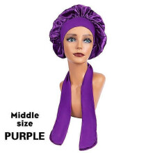 (MiddlePURPLE) New Large Satin Bonnet Silk Night Sleeping Cap Long Satin Bonnet With Head Tie Band Bonnet Edge Wrap For Women Curly Braid Hair