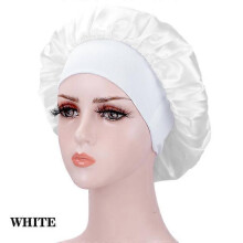 (Kuan White) New Large Satin Bonnet Silk Night Sleeping Cap Long Satin Bonnet With Head Tie Band Bonnet Edge Wrap For Women Curly Braid Hair