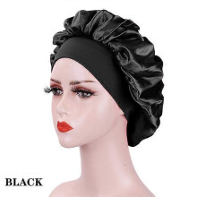 (Kuan Black) New Large Satin Bonnet Silk Night Sleeping Cap Long Satin Bonnet With Head Tie Band Bonnet Edge Wrap For Women Curly Braid Hair