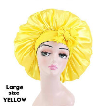 (Largeyellow) New Large Satin Bonnet Silk Night Sleeping Cap Long Satin Bonnet With Head Tie Band Bonnet Edge Wrap For Women Curly Braid Hair