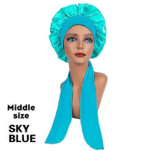 (MiddleSKYBLUE) New Large Satin Bonnet Silk Night Sleeping Cap Long Satin Bonnet With Head Tie Band Bonnet Edge Wrap For Women Curly Braid Hair