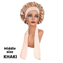 (MiddleKHAKI) New Large Satin Bonnet Silk Night Sleeping Cap Long Satin Bonnet With Head Tie Band Bonnet Edge Wrap For Women Curly Braid Hair
