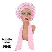 (MiddlePINK) New Large Satin Bonnet Silk Night Sleeping Cap Long Satin Bonnet With Head Tie Band Bonnet Edge Wrap For Women Curly Braid Hair