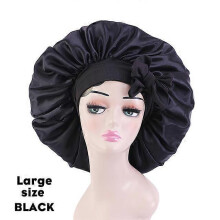 (Largeblack) New Large Satin Bonnet Silk Night Sleeping Cap Long Satin Bonnet With Head Tie Band Bonnet Edge Wrap For Women Curly Braid Hair