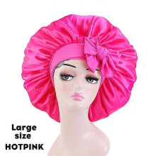 (Largehotpink) New Large Satin Bonnet Silk Night Sleeping Cap Long Satin Bonnet With Head Tie Band Bonnet Edge Wrap For Women Curly Braid Hair