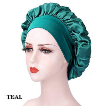 (Kuan Teal) New Large Satin Bonnet Silk Night Sleeping Cap Long Satin Bonnet With Head Tie Band Bonnet Edge Wrap For Women Curly Braid Hair