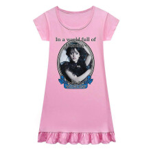 (130cm) Wednesday Addams Printed Dresses Kids Girls T-shirt Dress Short Sleeve Pajamas Summer Loose Casual Crew Neck Dresses Multiple Sizes Available