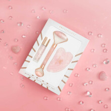 CRYSTALLOVE Rosenkvarts skønhedssæt: ansigtsrulle + gua sha tallerken + roll-on flaske