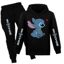 (11-12 Years, Black) Lilo Stitch Print Kids Tracksuit Set Boys Girls Casual Hooded Hoodie Sweatshirt Jogr Pants Outfit Activewear