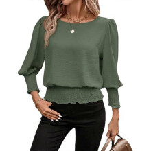 (M, Army Green) Banded Bottom Tops for Women Smocked Tops Elastic Cinched Waist Top Dressy Blouse 3/4 Length Sleeve Casual Outfits Pink XL