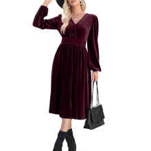 (XXL, Burgundy) Long-sleeved velvet autumn/winter dress  Burgundy XL
