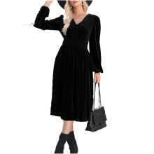 (XL, Black) Long-sleeved velvet autumn/winter dress  Burgundy XL