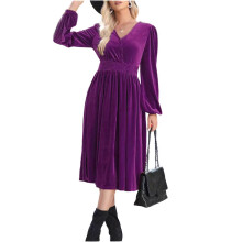 (S, Purple) Long-sleeved velvet autumn/winter dress  Burgundy XL
