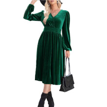 (M, Green) Long-sleeved velvet autumn/winter dress  Burgundy XL