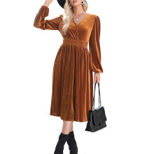 (XL, amber) Long-sleeved velvet autumn/winter dress  Burgundy XL