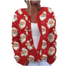 (S, Red) Comfort Women's Ugly Christmas Print Button up Sweater Cardigan Cable Knit Winter Theme Long Sleeve Knitwear Jacket wine red XL