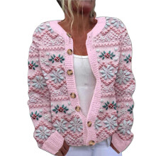 (S, Pink) Comfort Women's Ugly Christmas Print Button up Sweater Cardigan Cable Knit Winter Theme Long Sleeve Knitwear Jacket wine red XL