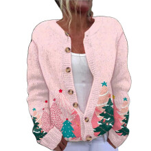 (XXL, sdfg) Comfort Women's Ugly Christmas Print Button up Sweater Cardigan Cable Knit Winter Theme Long Sleeve Knitwear Jacket wine red XL